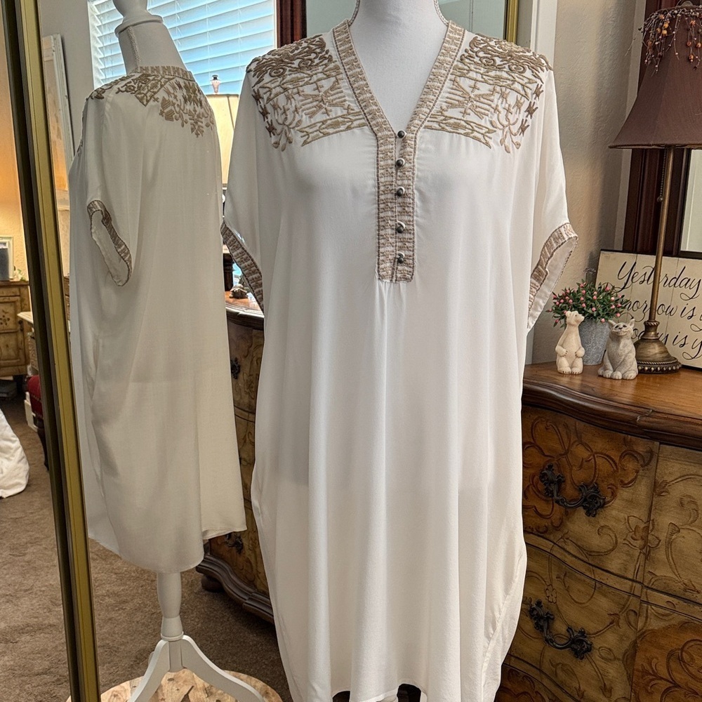 Johnny Was Biya Silk Embroidered Tunic Dress Boho Ivory Size S